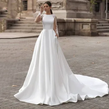Атласные белые свадебные платья с круглым вырезом в стиле бохо, кружевное платье невесты с длинными рукавами, пляжные платья принцессы 2023, vestidos de novia