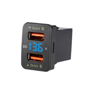 Автомобильное зарядное устройство QC3.0 с двумя USB-преобразователями для синего света Размер: 33x23 мм D 12/24 В