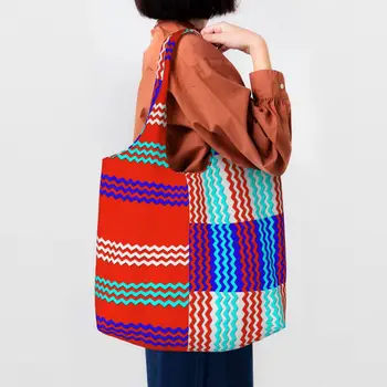 Симпатичная Красочная зигзагообразная сумка для покупок многоразового использования, богемные Современные геометрические продукты, Холщовая сумка для покупок, сумки на плечо, подарки