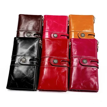 Масляно-восковая кожаная женская сумочка, модная сумочка для смены мобильного телефона, RFID противоугонная щетка, длинный кошелек