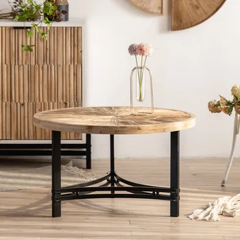 Чайно-журнальный столик из массива дерева в стиле Ретро, Современная минималистичная Железная Круглая Кровать, Приставной столик для гостиной, Креативная мебель, Мини-центральный столик