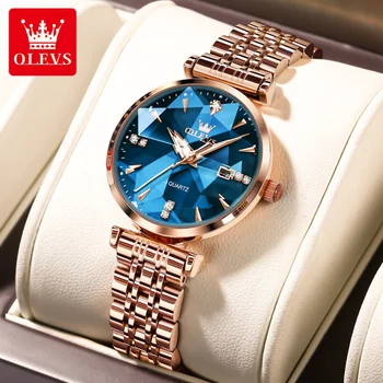 OLEVS 5536 Кварцевые женские часы с календарем, водонепроницаемые наручные часы из нержавеющей стали, роскошные оригинальные женские часы со светящимся дизайном