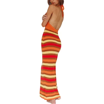 Женский свитер с открытой спиной, облегающие платья, летнее вязаное длинное платье в полоску без рукавов с завязками на шее, пляжная вечеринка