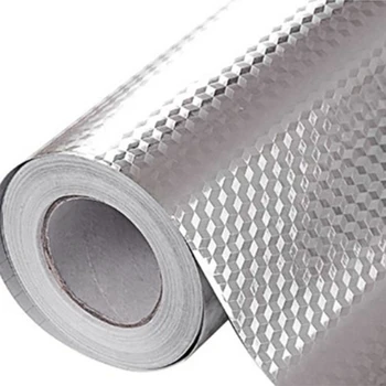 Алюминиевая маслостойкая наклейка с 3D-кубической сеткой 5 м, линии апельсиновой корки, фольга для кухонной плиты, шкаф, Водонепроницаемый клей, Серебристая виниловая стена