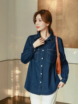 Женская осенняя рубашка, новый дизайн с вышивкой в стиле ретро, элегантный и простой, универсальный и приятный для кожи Топ из мягкой джинсовой рубашки D4565