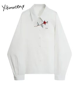 Женская рубашка с вышивкой Yitimuceng 2023, новые модные винтажные рубашки с отложным воротником, шикарные однобортные рубашки с длинным рукавом