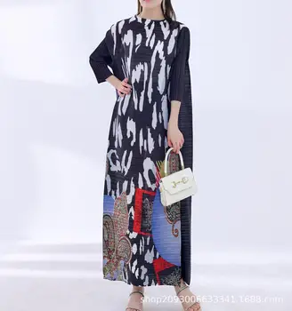 Плиссированное платье Miyake Весна 2023, новое платье с укороченным рукавом и принтом, плиссированное свободное повседневное длинное платье из органзы