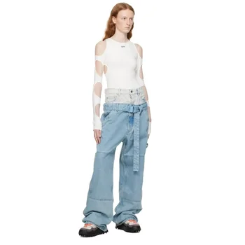 Индивидуальности Нестандартная фурнитура Цветные джинсы Collision Осень Новый тренд индивидуальности Дикие прямые женские брюки с широкими штанинами A06470