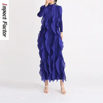 Новинка осени 2023 года, французский винтажный стиль, стоячий вырез, длинный рукав, Высокоэластичная плотная оборка по краю, Однотонное длинное платье