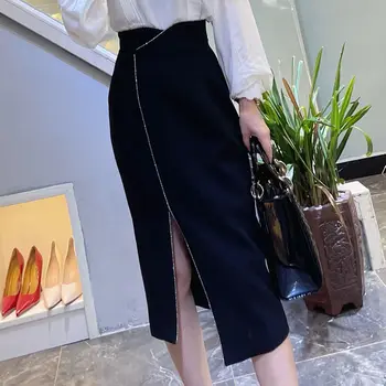 Модная Корейская версия женской черной юбки-трапеции с разрезом и высокой талией, Лето-осень, простая молния для поездок на работу