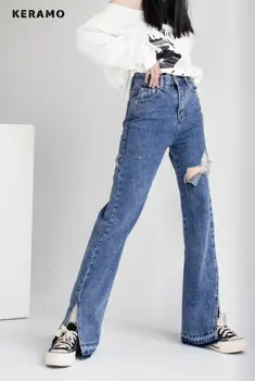 Y2K Harajuku Широкие брюки с высокой талией, Тонкие синие расклешенные джинсовые брюки 2023, весенне-летние женские винтажные джинсовые брюки с разрезом, рваные