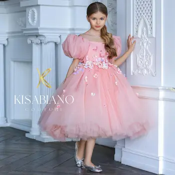 Розовое платье в цветочек для девочек, свадебное платье принцессы для первого причастия, детские платья на день рождения