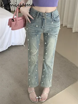 Komiyama Шикарные джинсы с жемчугом в стиле пэчворк, весна-осень, 2023, джинсовые брюки с дырками, прямые брюки, милые модные низы с карманами