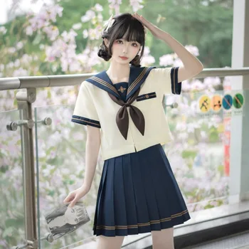 Летний Новый стиль, женский Оригинальный японский форменный костюм Jk, студенческий костюм моряка с темно-синим воротником, топ с коротким рукавом + комплект с плиссированной юбкой