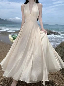 Женское элегантное длинное платье, Летние сексуальные пляжные платья без рукавов с V-образным вырезом, женские винтажные вечерние платья трапециевидной формы, Vestidos