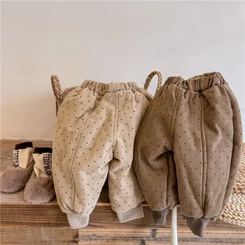 Новые зимние утепленные штаны в горошек для маленьких детей в Корейском стиле с хлопковой подкладкой для малышей, теплые повседневные брюки для малышей