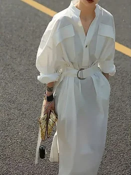 Платья для женщин 2023 Летние белые платья-рубашки Офисные СВОБОДНЫЕ Повседневные С V-образным вырезом и высокой талией, пояс для темперамента, Элегантное женское платье