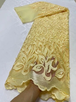 Африканская сетчатая кружевная ткань с пайетками Для женских вечерних платьев, Дубайская вышивка, шитье, Яркие Модные Нигерийские желтые ткани, 5 ярдов