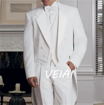 Белый мужской двубортный фрак из 3 предметов, свадебный смокинг для жениха, мужские модные костюмы, куртка, жилет с брюками, Новый