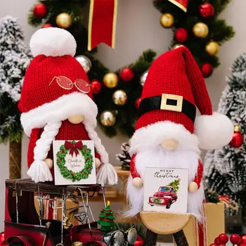 Очаровательное украшение в виде гнома, Рождественская плюшевая кукла в виде гнома, Вязаная вручную Рождественская кукла в виде Гнома с деревянной табличкой, Праздничная для праздника