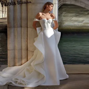 Стильные свадебные платья Paloda со съемным шлейфом 2023, Атласный бант-трапеция для невесты, Атласная складка на спине с открытыми плечами, пуговица в виде сердечка