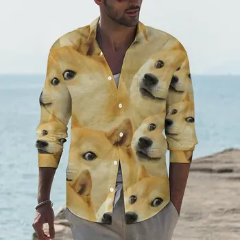 Эстетичная повседневная рубашка Meme, мужская рубашка Doge Shiba Inu, Весенняя новинка, Блузки С длинным рукавом, Графические топы Оверсайз