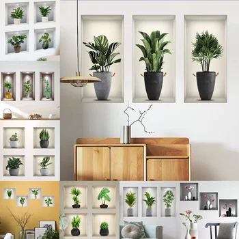 Наклейка на стену с зеленым растением в горшке, 3D наклейка на стену с фальшивым окном, виниловое оформление фона гостиной, наклейка на стену.