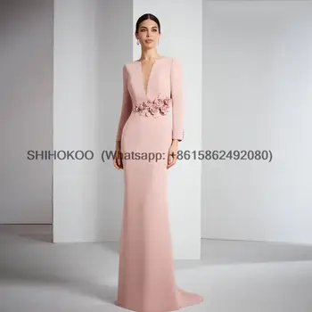 Элегантные розовые платья для матери невесты с V-образным вырезом и длинными рукавами, платья для свадебной вечеринки, русалка длиной до пола с цветами 2023 года.