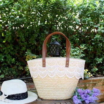 Женская сумка-тоут в стиле бохо, плетеные из кружевной соломы сумки с верхней ручкой, Большая вместительность, модная летняя простая сумочка ручной работы для отдыха