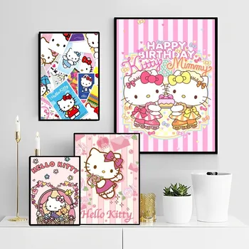 Плакат Kawaii K-Kitty с мультфильмом H-Hello, Самоклеящийся художественный плакат, наклейка из крафт-бумаги в стиле ретро, сделай САМ, комната, бар, кафе, Винтажный декоративный