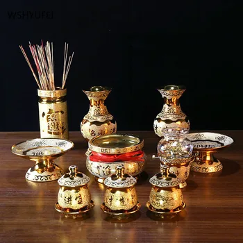 Керамический набор Будды, поднос для фруктов, чашка для воды, ваза, кадило, Масляная лампа, Три Святых Бодхисаттвы, Позолоченные украшения из посуды Будды.