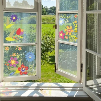 Kizcozy Разноцветные оконные бордюры с весенними цветами, статичная клеящаяся Многоразовая оконная пленка, наклейки для дома и декора