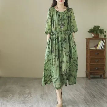 2023 Летние Новые женские свободные длинные платья в стиле Arts с коротким рукавом, винтажное хлопковое льняное повседневное платье с круглым вырезом с принтом листьев, P154