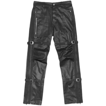 Черная щетка с ремешком, Восковые механические брюки из искусственной кожи, модные мужские и женские повседневные брюки в стиле хип-хоп, панк, Хай-стрит, мотоциклетные