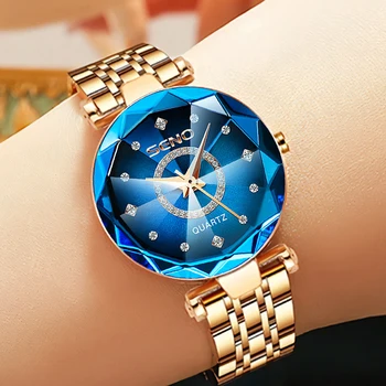 Женские часы со звездным бриллиантовым циферблатом, роскошные Элегантные женские водонепроницаемые часы с поясом из яркого многоугольного стекла