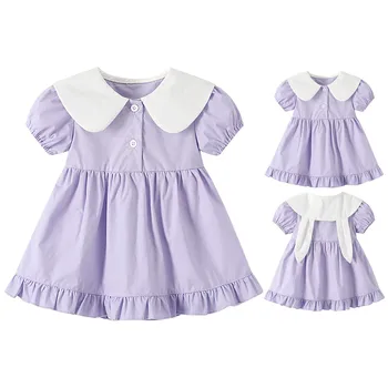Летнее платье с рукавами-пузырями и воротником с заячьими ушками для девочек, чисто фиолетовое праздничное платье с оборками на подоле, украшенное пуговицами для малышей
