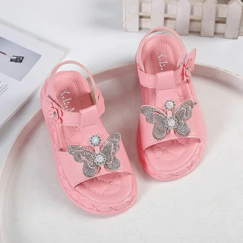 Летние сандалии для девочек на плоской платформе, летние детские туфли принцессы с бантиком-бабочкой, 21-36, бежево-розовая модная обувь