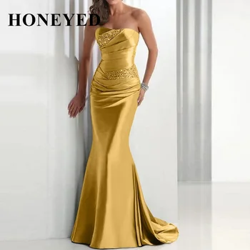 Honeyed 2023, Атласное длинное платье русалки для матери Невесты, Элегантное серое Свадебное платье для гостей, Официальная Милая шнуровка, придворный поезд, жених
