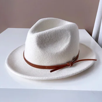 Новые модные мужские фетровые шляпы для женщин, джазовая шляпа, галстук-бабочка, Элегантная зимняя черно-белая шерстяная кепка, уличная повседневная панама, фетровая шляпа