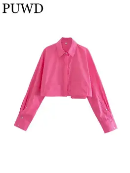 PUWD, Женские Модные Розовые Однобортные блузки с атласной текстурой, Летние винтажные рубашки Поло с длинными рукавами, Женские топы Mujer