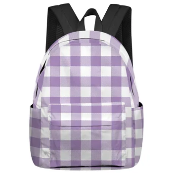 Фиолетово-белые клетчатые женские Мужские рюкзаки, водонепроницаемый школьный рюкзак с несколькими карманами для студентов, мальчиков и девочек, сумка для ноутбука, Mochila