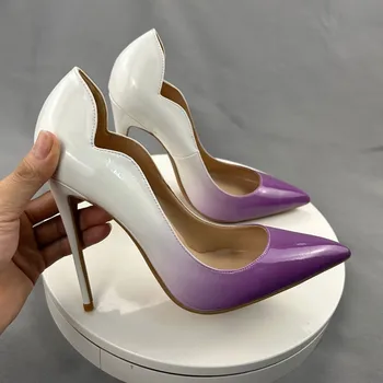 Бело-фиолетовый градиент, сексуальная женская обувь в форме волны, Женские туфли-лодочки на высоком каблуке, Повседневная обувь с острым носком, Размер 33-45