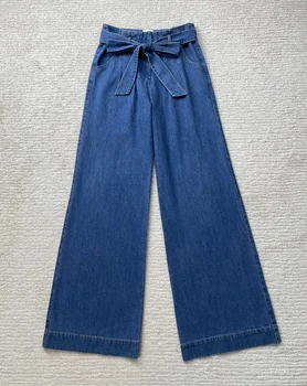 2023 новый женский модный свободный повседневный бант, чистые круглые джинсы с высокой талией и широкими штанинами 0610