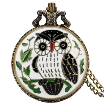 Черно-белая Капля клея Сова Кварцевые Карманные часы Ожерелье Милые Часы с цепочкой в виде животного Антикварный Кулон Антикварные часы БРЕЛОК Подарки