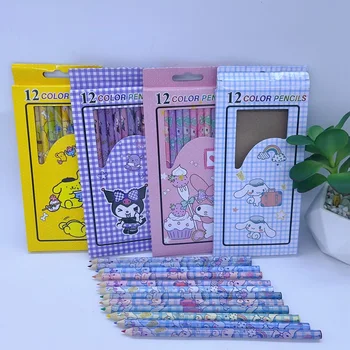 12 коробок цветных Карандашей из аниме Sanrio Kawaii Kuromi Melody Cinnamoroll Pencil Kids Prize Painting Канцелярские принадлежности Оптом