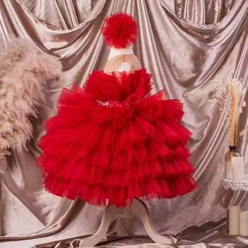 Красное многоярусное платье с цветочным узором для девочек, пышное платье принцессы трапециевидной формы для девочек, свадебное платье для вечеринки, короткое платье для первого причастия длиной до колен