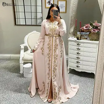Халат, кафтан, Марокканские вечерние платья, длинные рукава с вышивкой, атлас А-силуэта, Дубайское арабское вечернее платье для выпускного вечера, Robe De Soirée