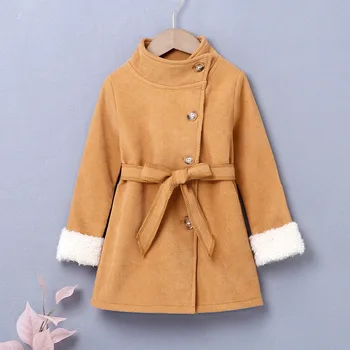 Шерстяное пальто для девочек, куртка, верхняя одежда 2023, коричневая, теплая, утолщенная, плюс бархат, зима, осень, хлопок, школьная, подростковая, детская одежда