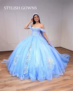 Небесно-голубое бальное платье с открытыми плечами, пышные платья для девочек 2023, расшитые бисером Вечерние платья знаменитостей, аппликации Sweet 16