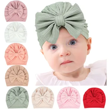 Шляпка с бантом для маленьких девочек, однотонная, с высокой эластичностью, повседневные мягкие головные уборы для новорожденных